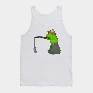 Frog on Stone at Fishing with Fishing rod & Fish Tank Top